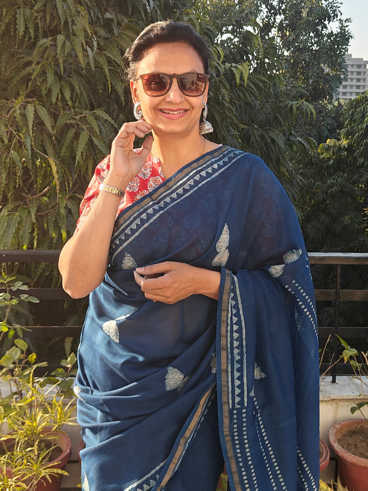 Indigo Dabu Handblock Print Chanderi Saree