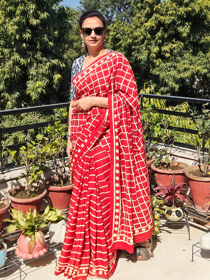 Red Handblock Printed Mull Cotton Saree