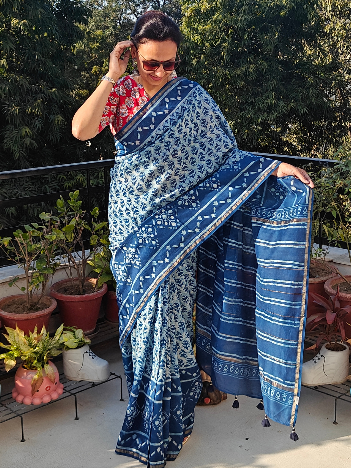 Indigo Dabu Handblock Print Chanderi Saree