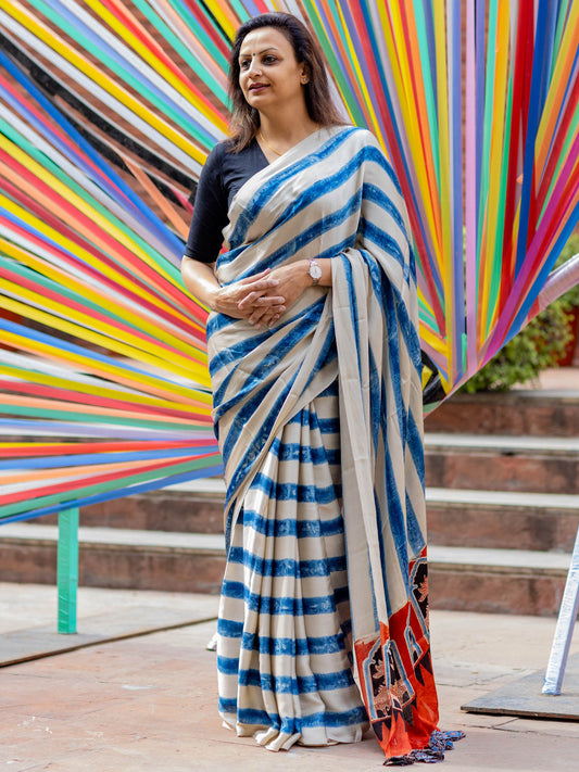 Indigo Striped Modal Silk Ajrakh Block Print Saree