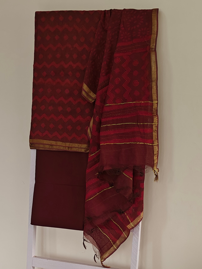 Wine Chanderi Batik Suit Set