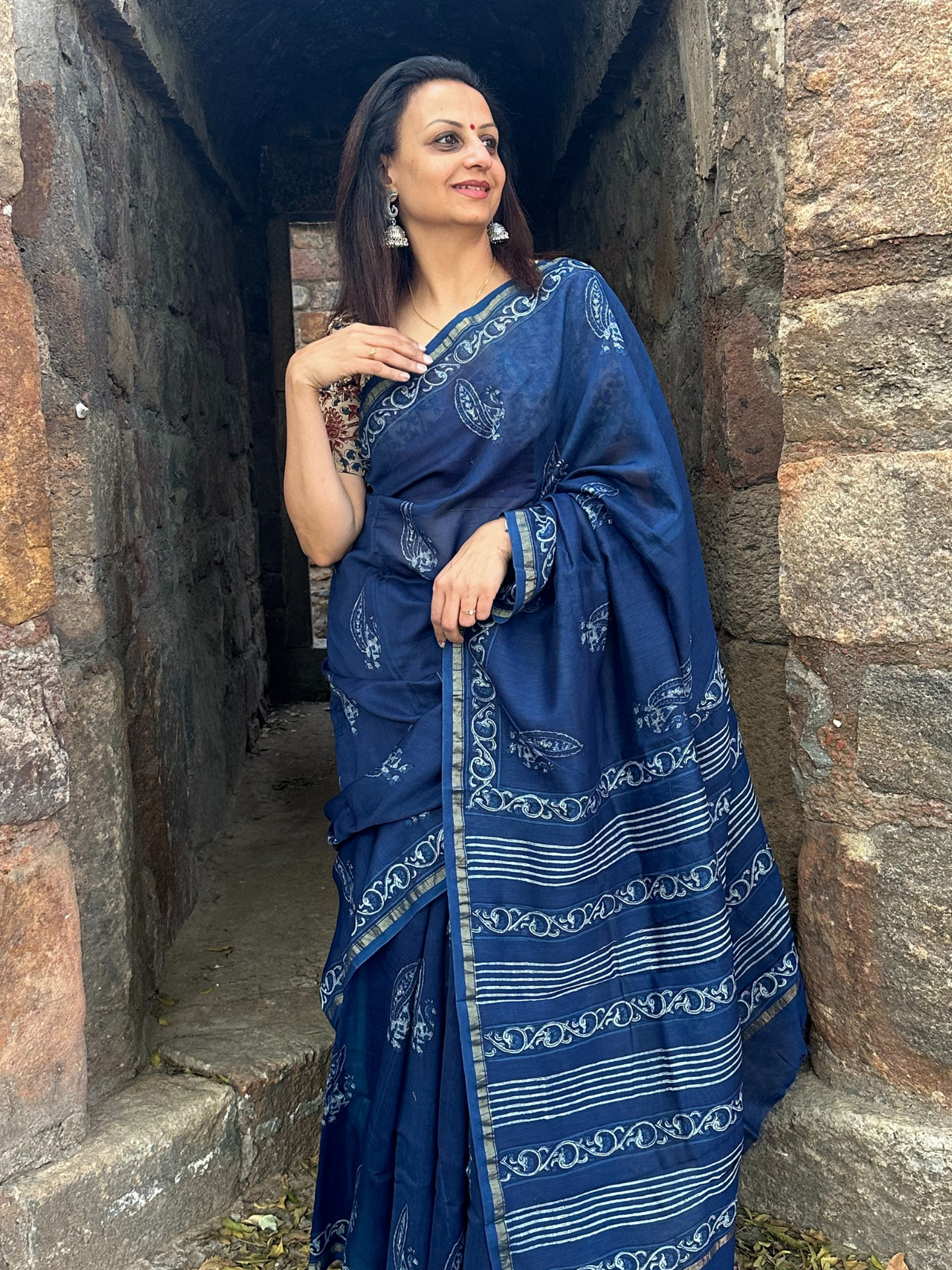 Indigo Dabu Handblock Print Chanderi Saree