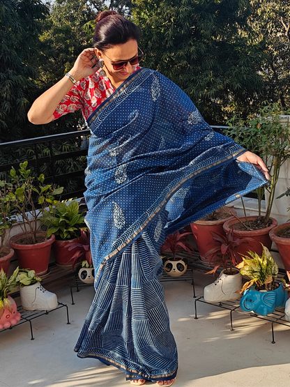 Indigo Dabu Handblock Print Chanderi Saree