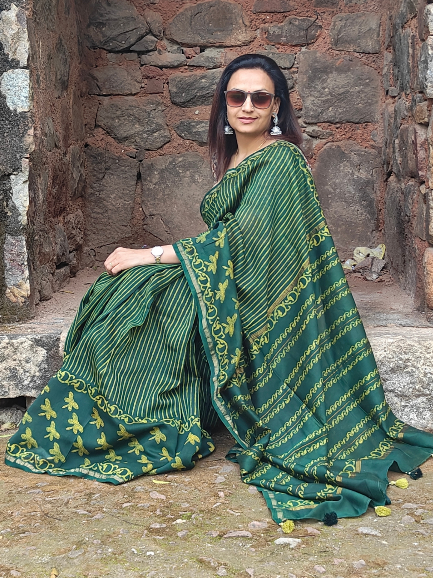 Green Dabu Handblock Print Chanderi Saree