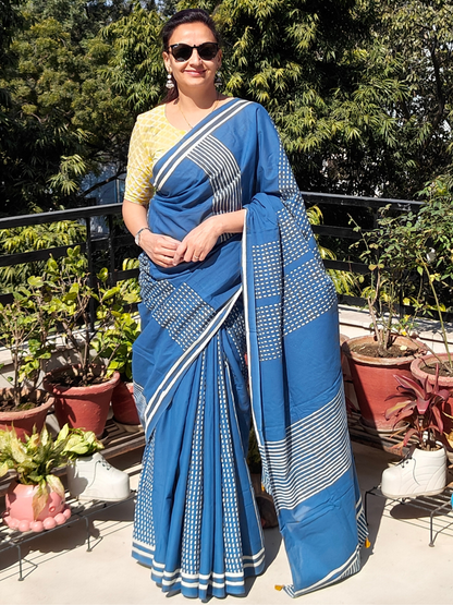 Blue Handblock Printed Mull Cotton Saree