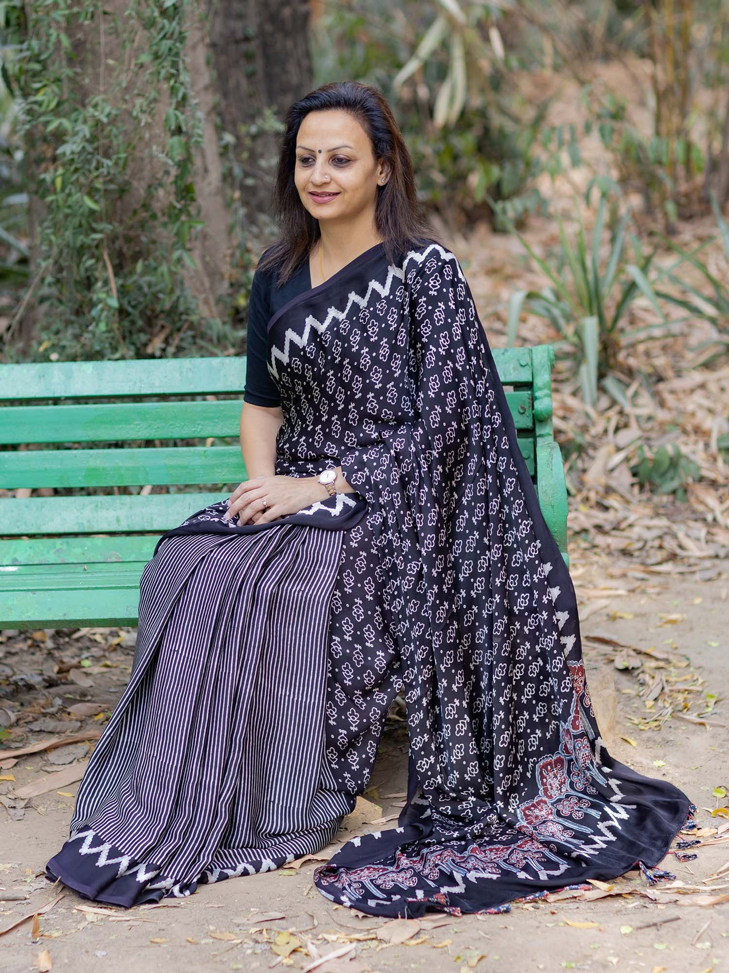 Black with Offwhite Half & Half Modal Silk Ajrakh Block Print Saree