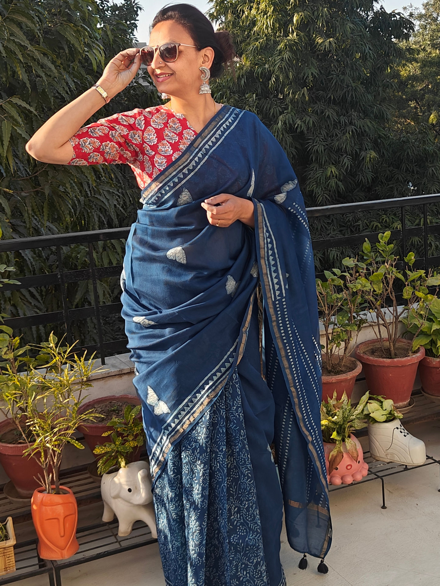 Indigo Dabu Handblock Print Chanderi Saree