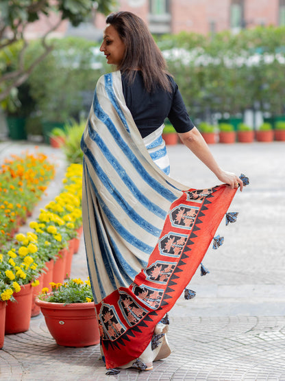 Indigo Striped Modal Silk Ajrakh Block Print Saree