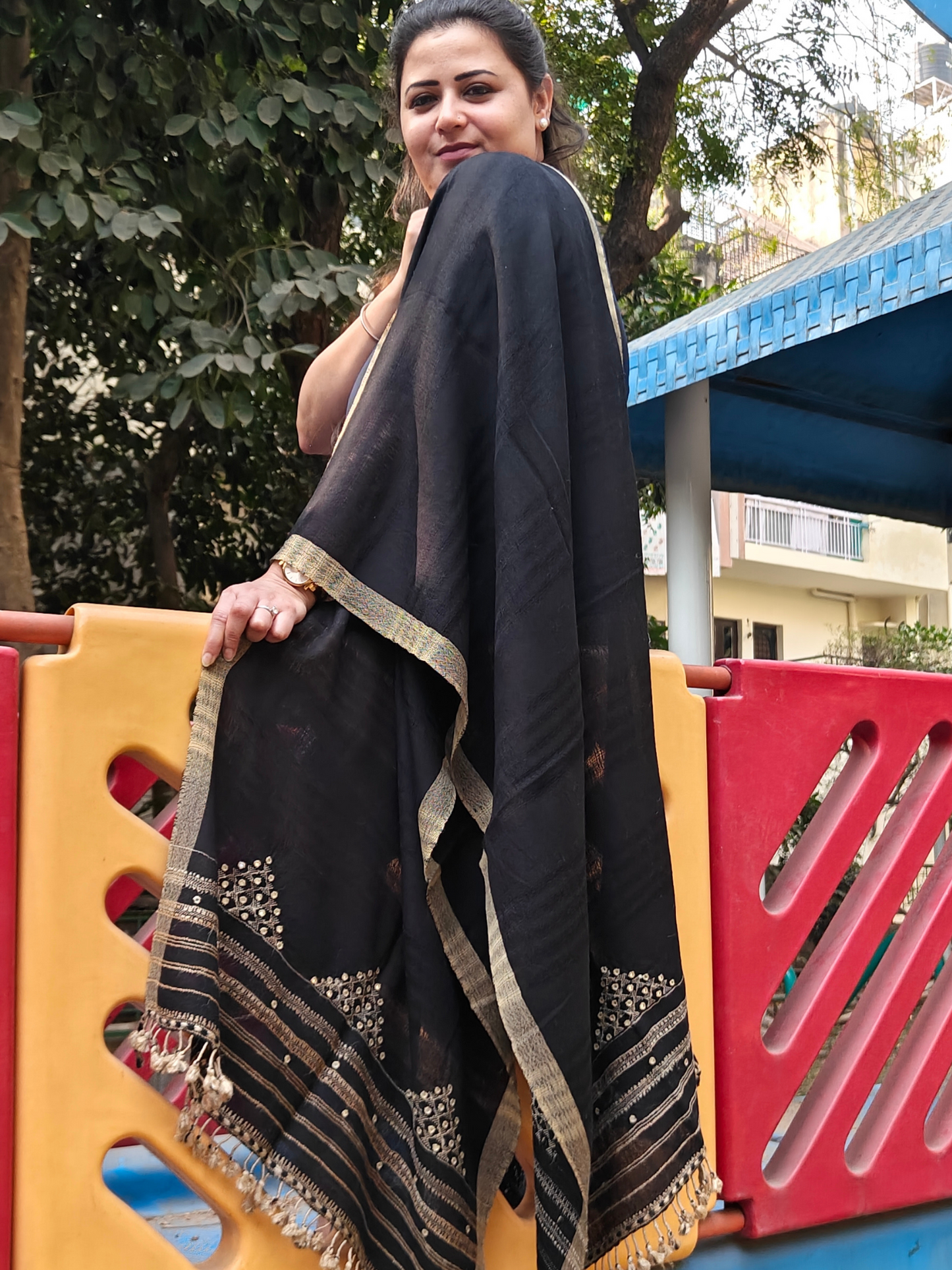 Black Handwoven Wollen Stole with Handembroidery & Mirror Work