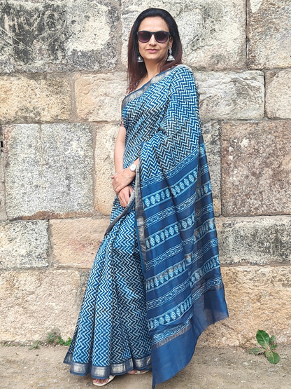 Indigo Dabu Handblock Print Chanderi Saree