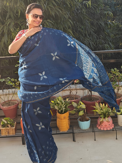 Indigo Dabu Handblock Print Chanderi Saree