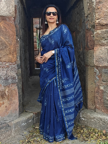 Indigo Dabu Handblock Print Chanderi Saree