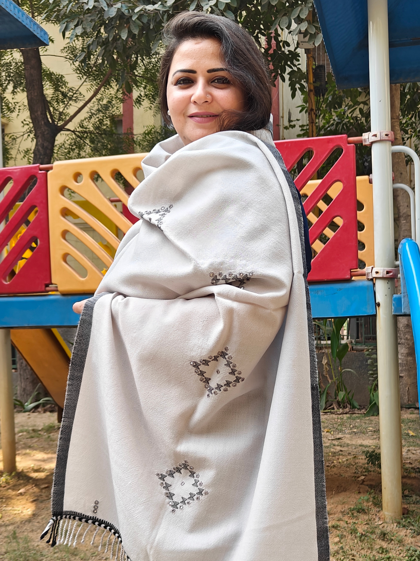 Ash Grey Handwoven Woollen Stole with Handembroidery & Mirror Work