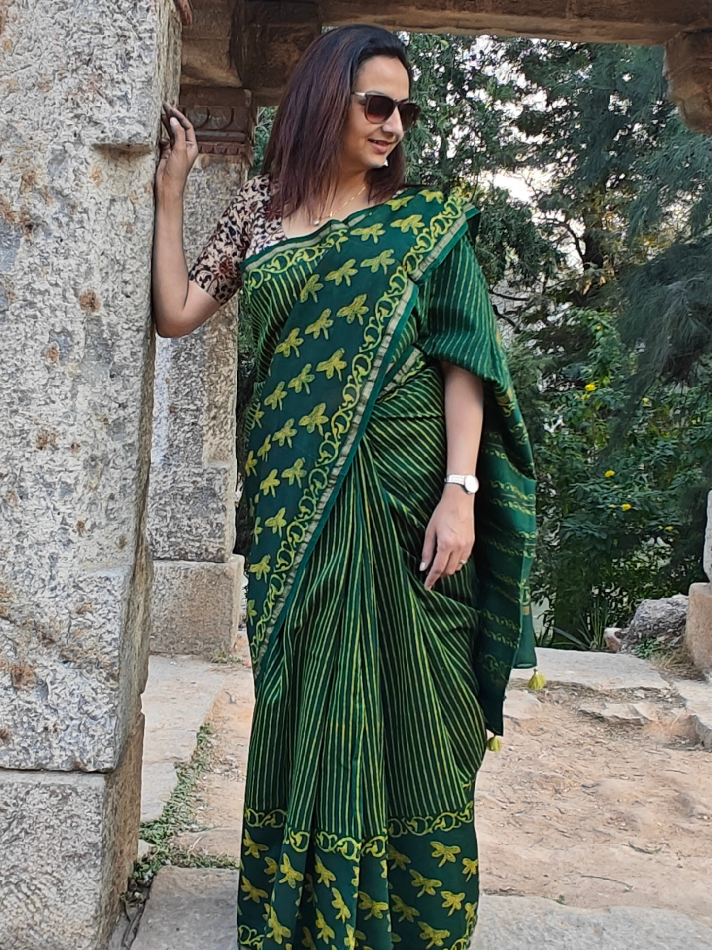 Green Dabu Handblock Print Chanderi Saree