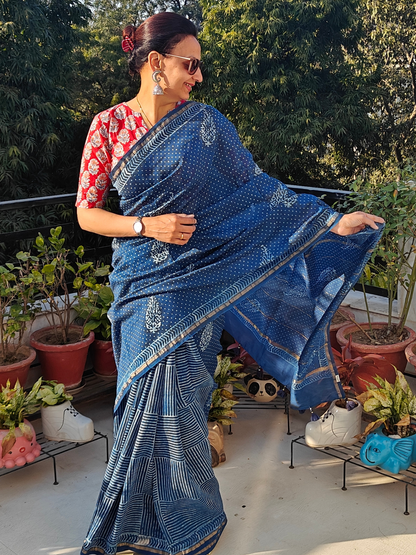 Indigo Dabu Handblock Print Chanderi Saree