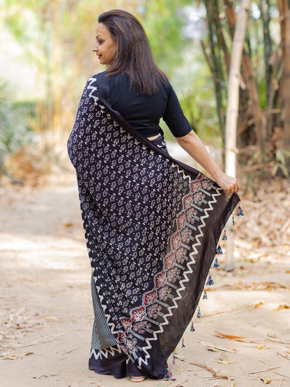 Black with Offwhite Half & Half Modal Silk Ajrakh Block Print Saree