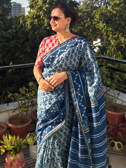 Indigo Dabu Handblock Print Chanderi Saree