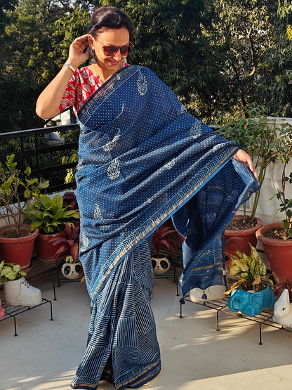 Indigo Dabu Handblock Print Chanderi Saree