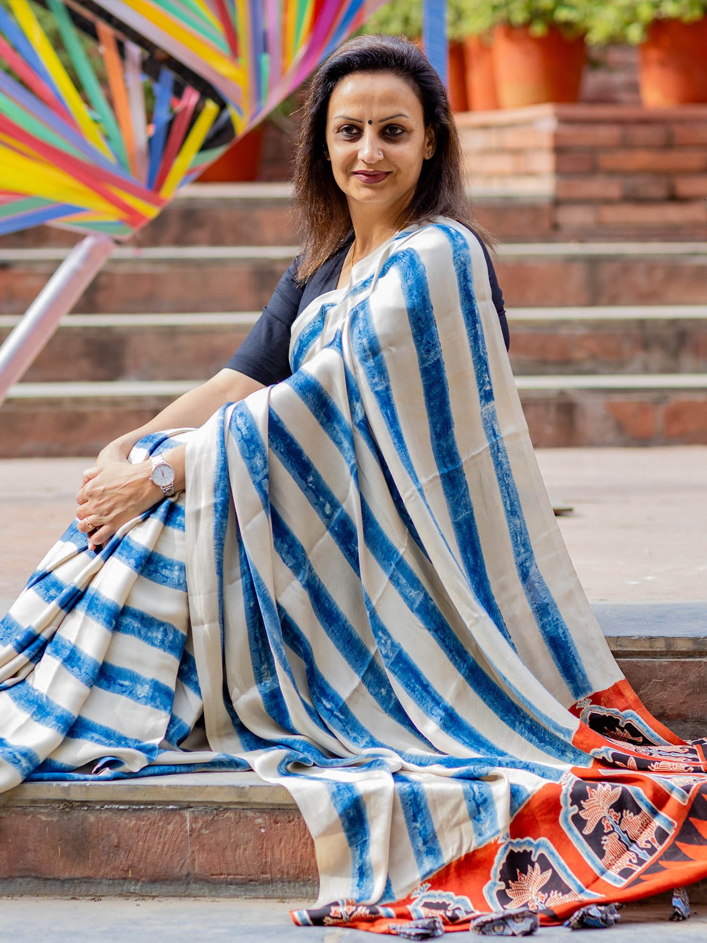 Indigo Striped Modal Silk Ajrakh Block Print Saree