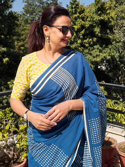 Blue Handblock Printed Mull Cotton Saree