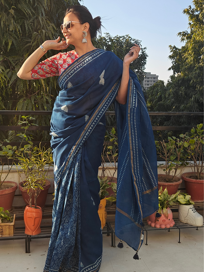 Indigo Dabu Handblock Print Chanderi Saree