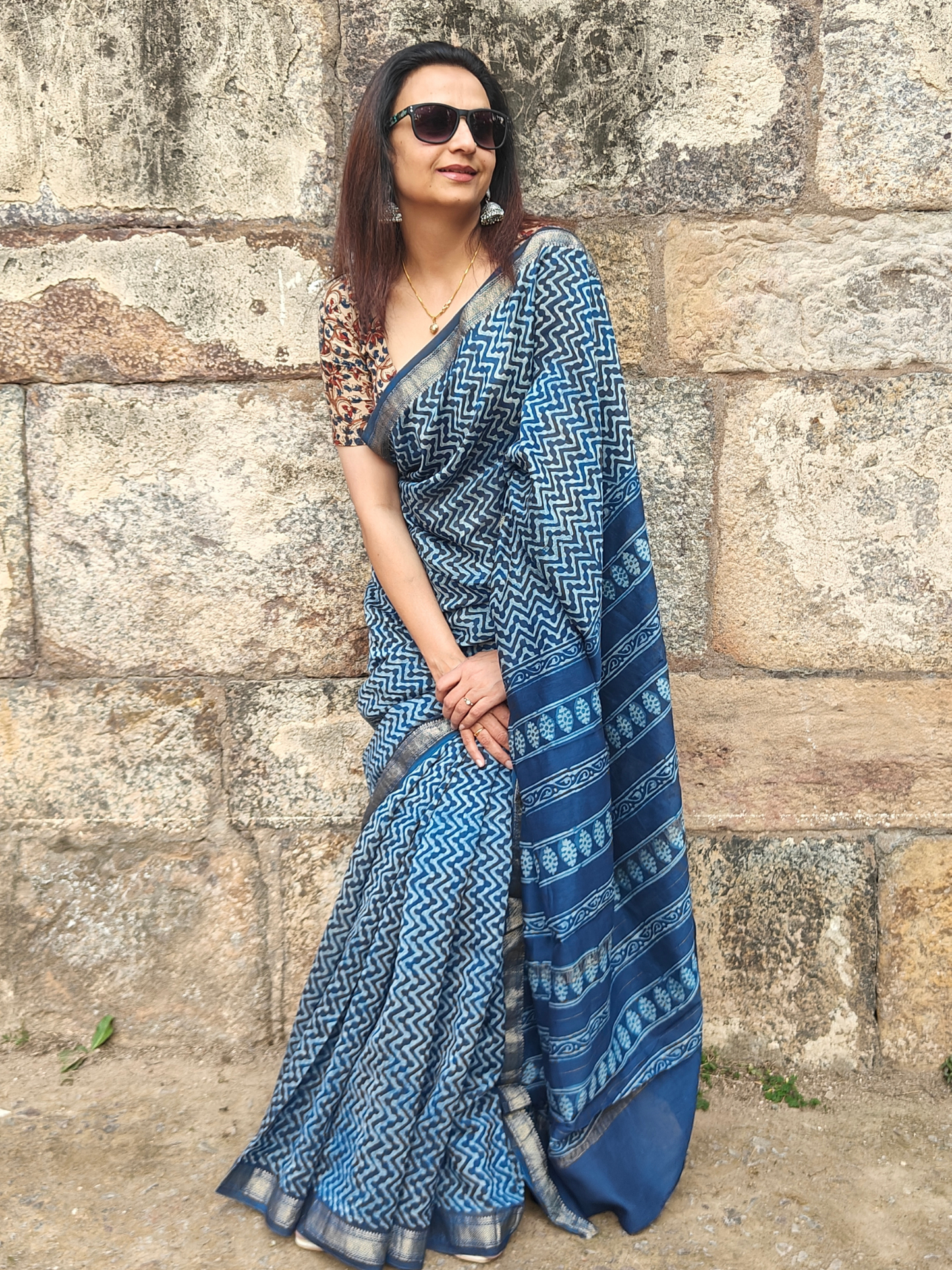 Indigo Dabu Handblock Print Chanderi Saree