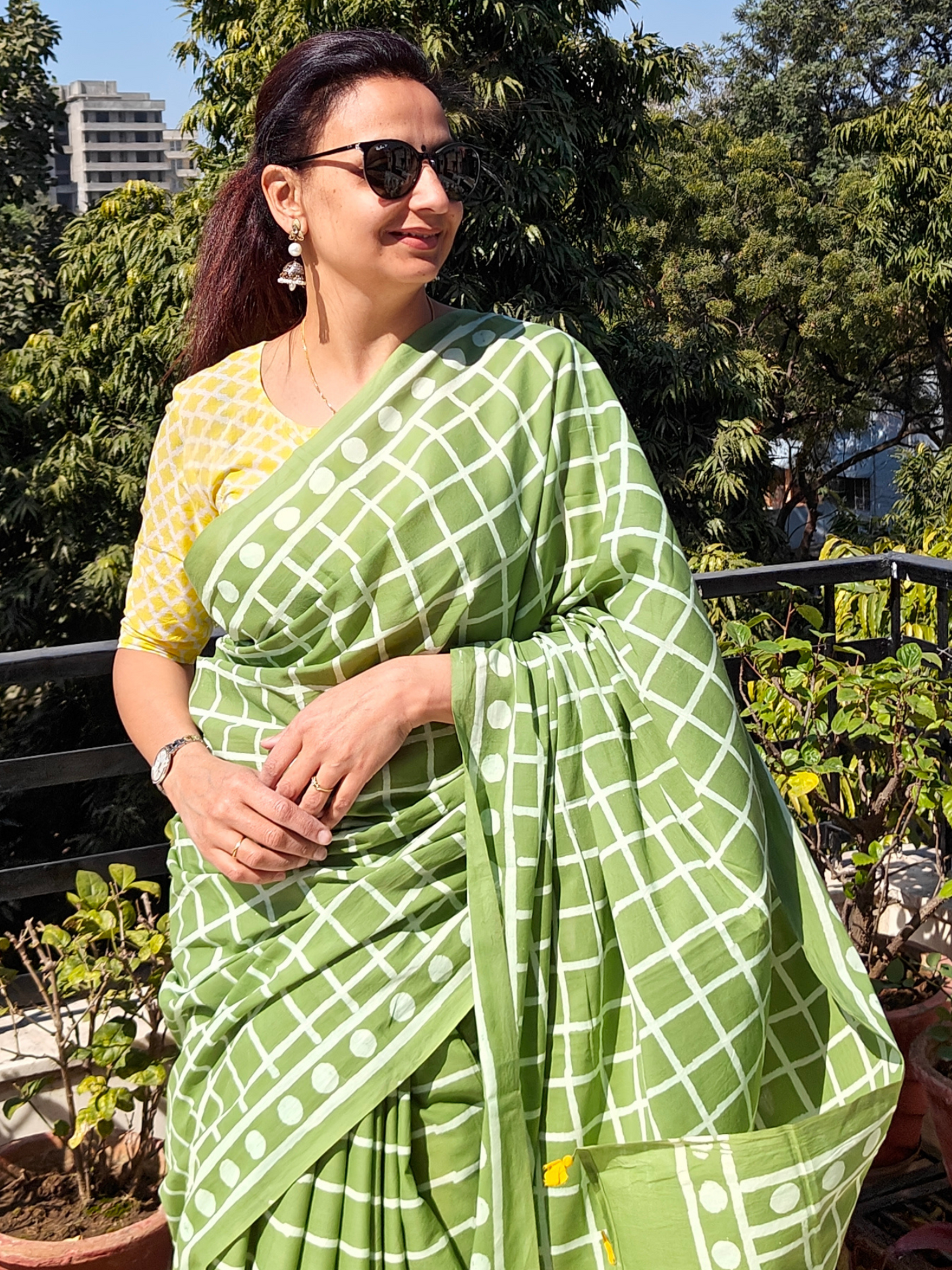 Green Handblock Printed Mull Cotton Saree