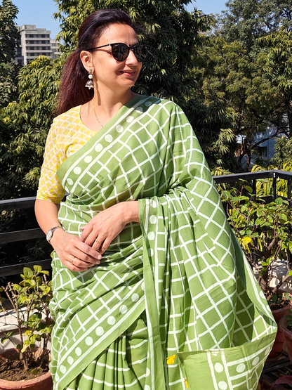 Green Handblock Printed Mull Cotton Saree