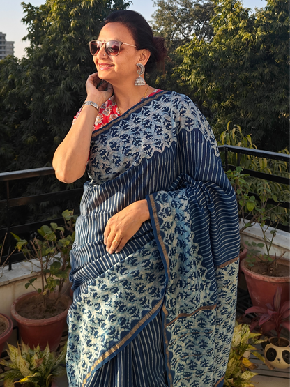 Indigo Dabu Handblock Print Chanderi Saree