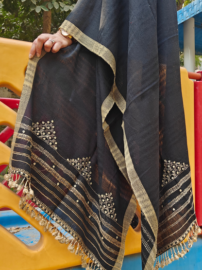 Black Handwoven Wollen Stole with Handembroidery & Mirror Work