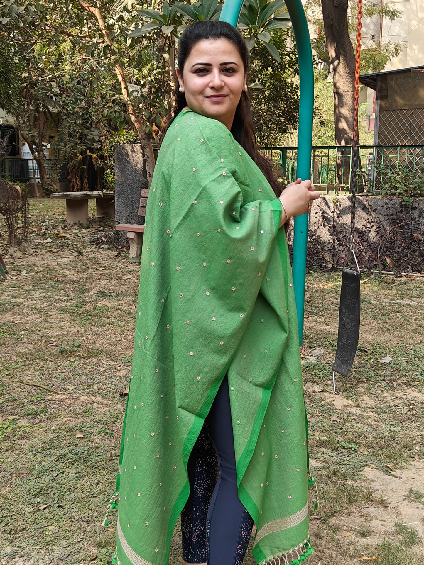 Green Handwoven Woollen Stole with Handembroidered Mirror Work