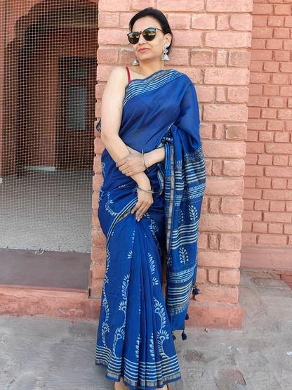 Indigo Dabu Handblock Print Chanderi Saree