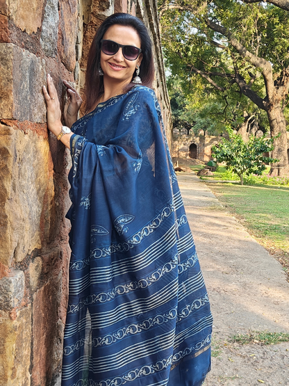 Indigo Dabu Handblock Print Chanderi Saree