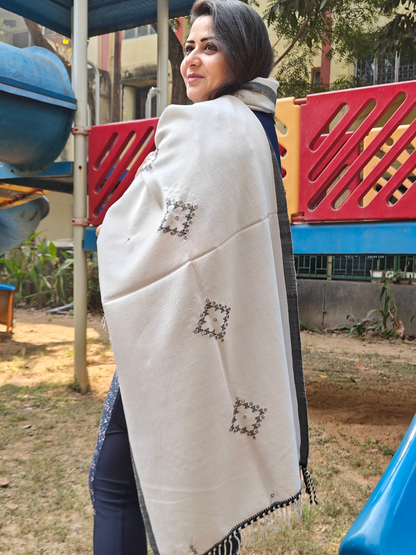 Ash Grey Handwoven Woollen Stole with Handembroidery & Mirror Work