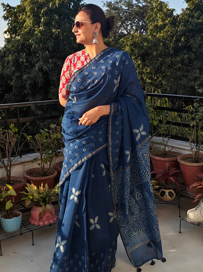 Indigo Dabu Handblock Print Chanderi Saree