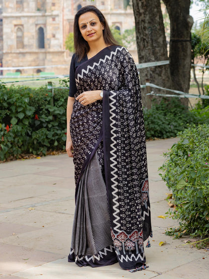 Black with Offwhite Half & Half Modal Silk Ajrakh Block Print Saree