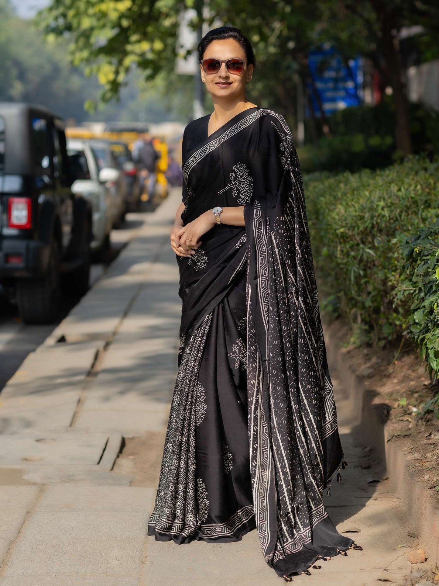 Black Modal Silk Ajrakh Block Print Saree