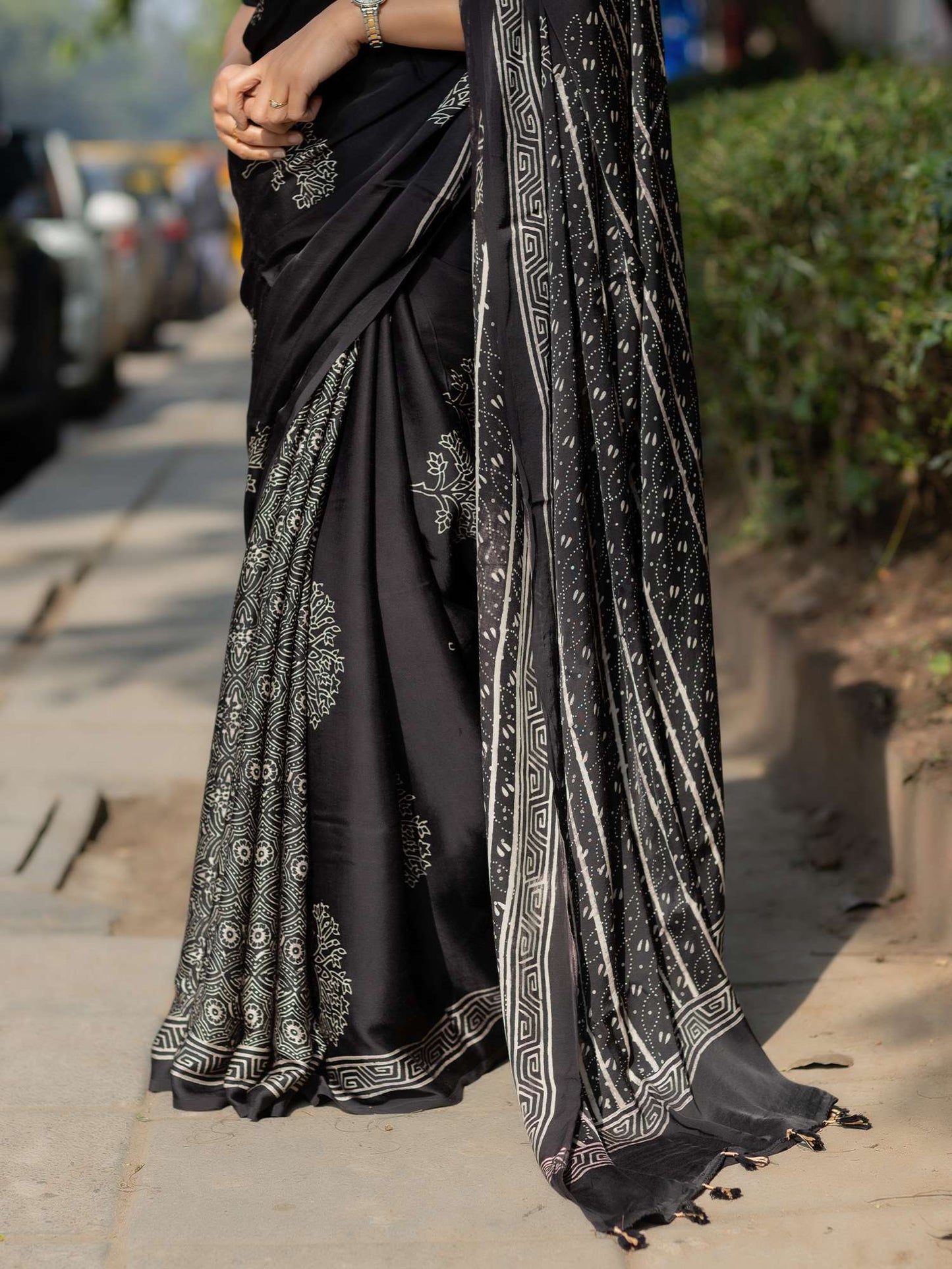 Black Modal Silk Ajrakh Block Print Saree