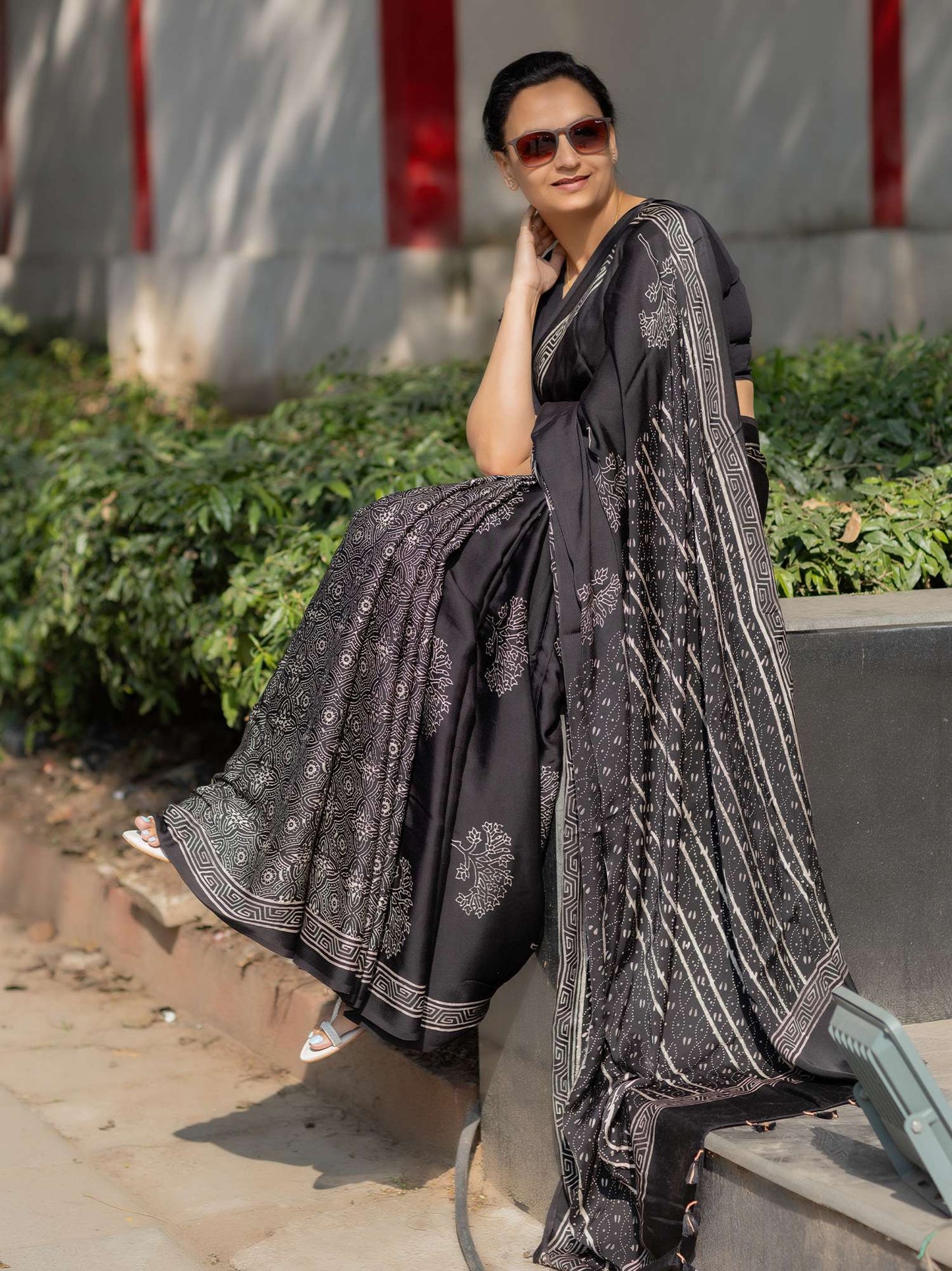 Black Modal Silk Ajrakh Block Print Saree