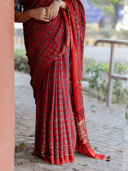 Red Modal Silk Ajrakh Block Print Saree