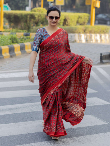 Red Modal Silk Ajrakh Block Print Saree