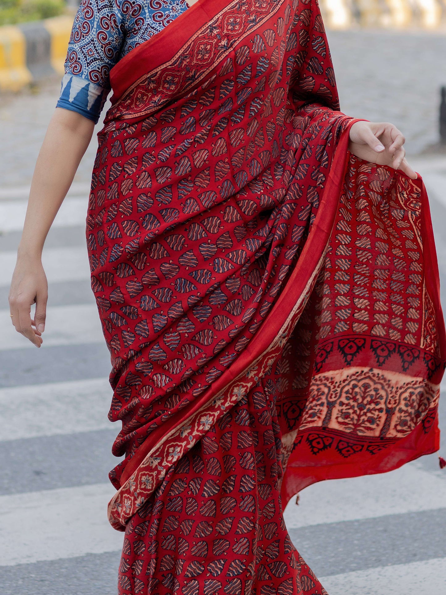 Red Modal Silk Ajrakh Block Print Saree