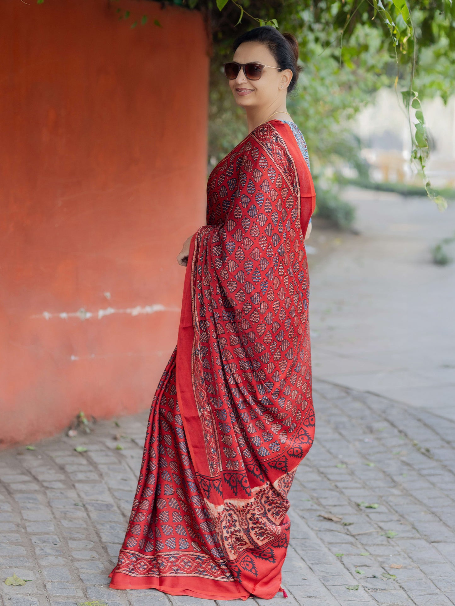 Red Modal Silk Ajrakh Block Print Saree