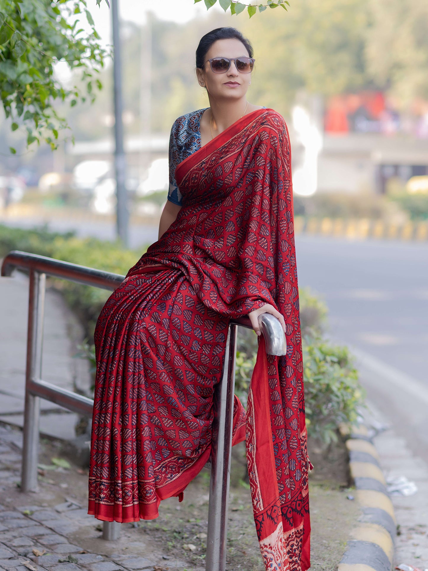 Red Modal Silk Ajrakh Block Print Saree