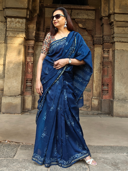 Indigo Dabu Handblock Print Chanderi Saree