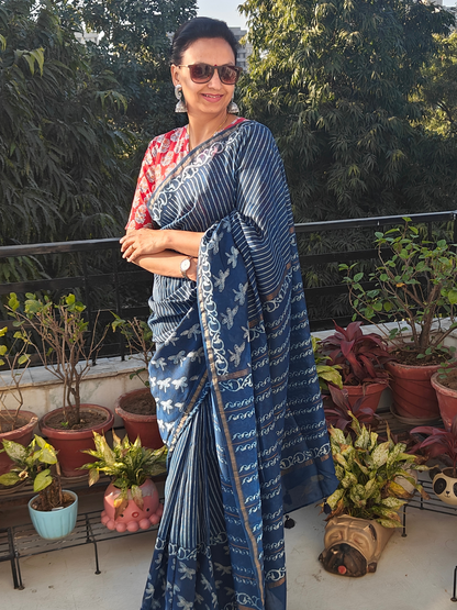 Indigo Dabu Handblock Print Chanderi Saree