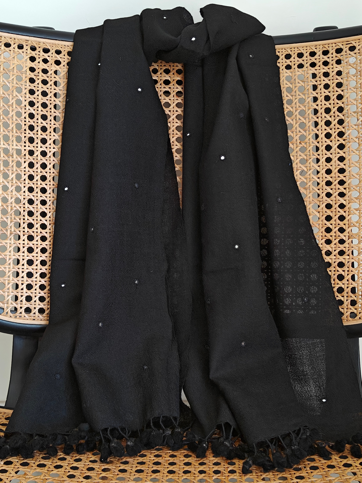 Black Solid Handwoven Wollen Stole with Handembroidered Mirror Work