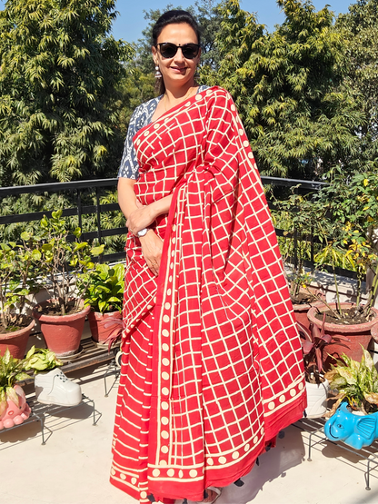 Red Handblock Printed Mull Cotton Saree