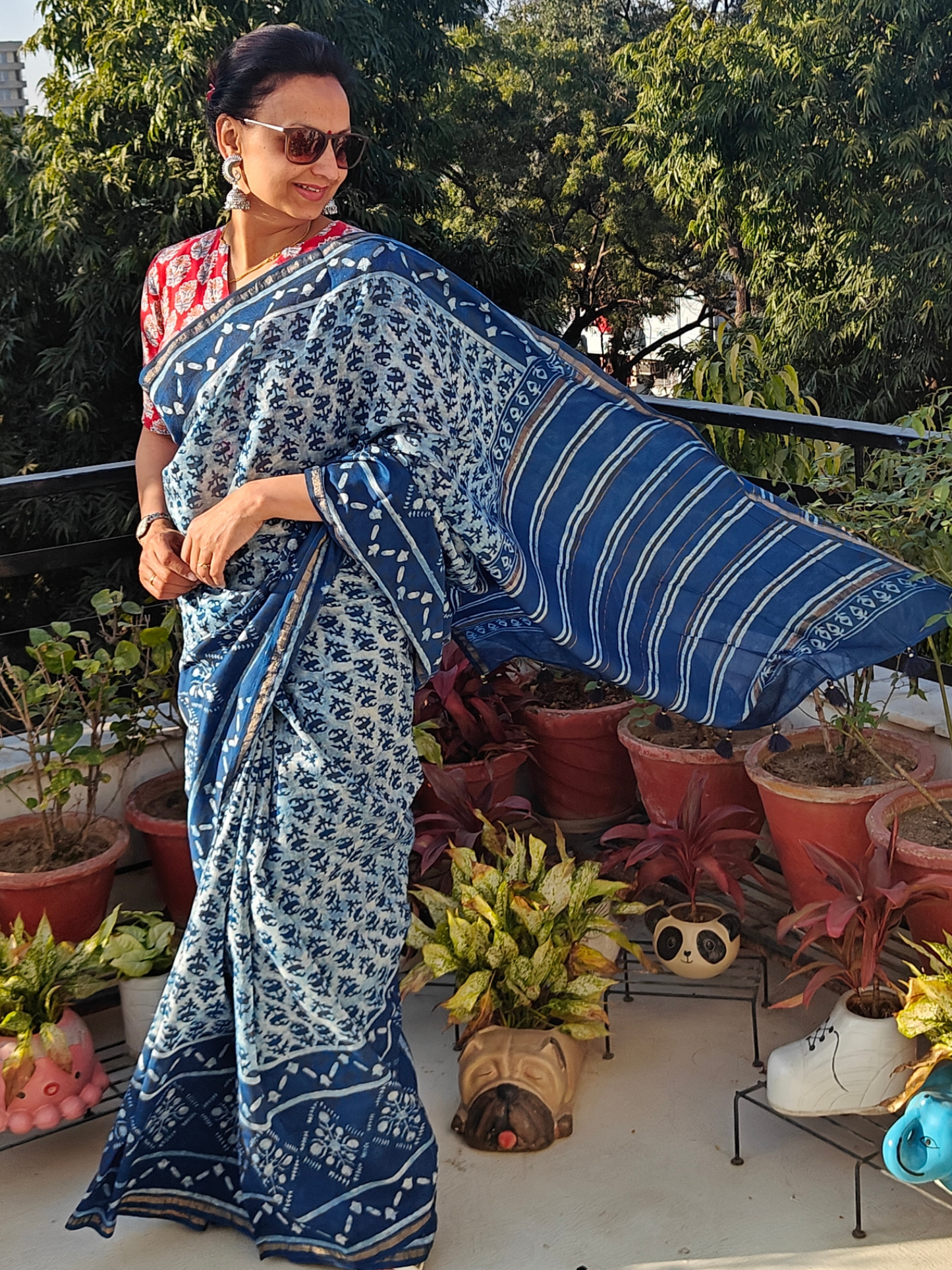 Indigo Dabu Handblock Print Chanderi Saree