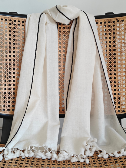 Off White Solid Black Stripe Handwoven Woollen Stole